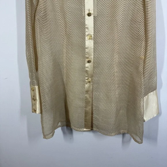 Dominique Gold Satin Button Down Blouse with Chevron Pattern Long Sleeve Size 45 - Picture 5 of 11